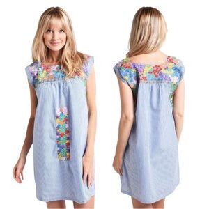 Blue Striped Cotton Shift Dress with Colorful Floral Embroidery